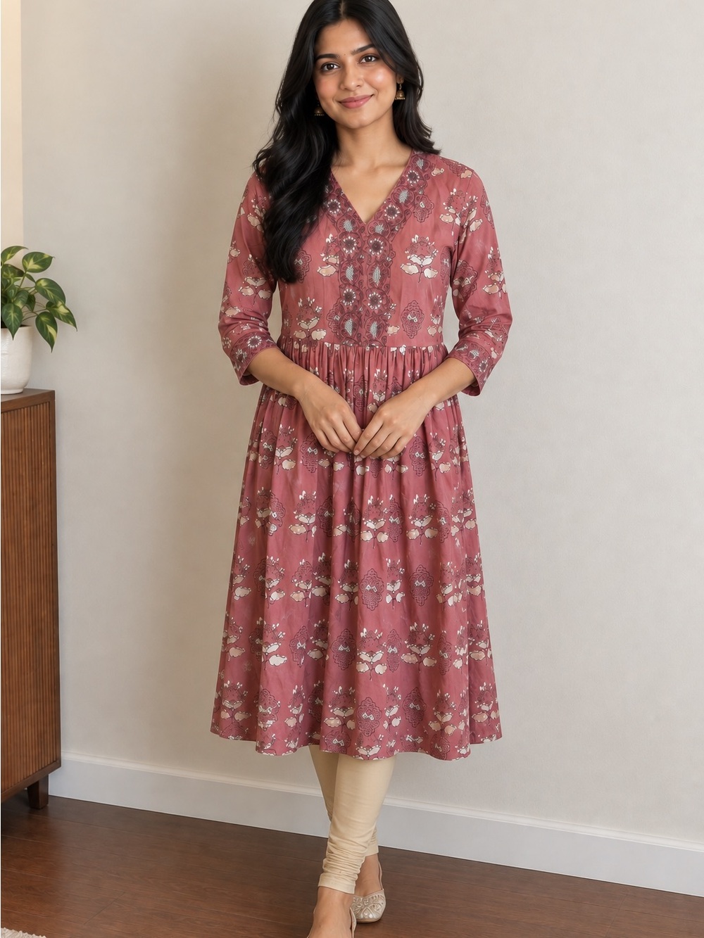 Floral V-Neck Kurta in Dusty Rose